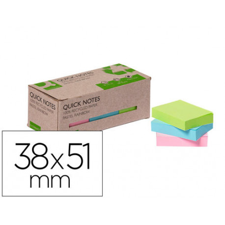 BLOC DE NOTAS ADHESIVAS QUITA Y PON Q-CONNECT 38X51 MM 100% PAPEL RECICLADO COLORES PASTELES EN CAJA