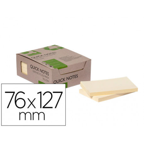 BLOC DE NOTAS ADHESIVAS QUITA Y PON Q-CONNECT 76X127 MM 100% PAPEL RECICLADO AMARILLO EN CAJA DE CAR