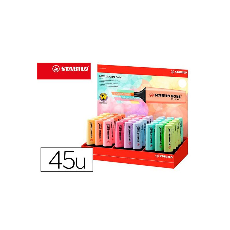 ROTULADOR STABILO BOSS FLUORESCENTE 70 PASTEL EXPOSITOR DE 45 UNIDADES COLORES SURTIDOS