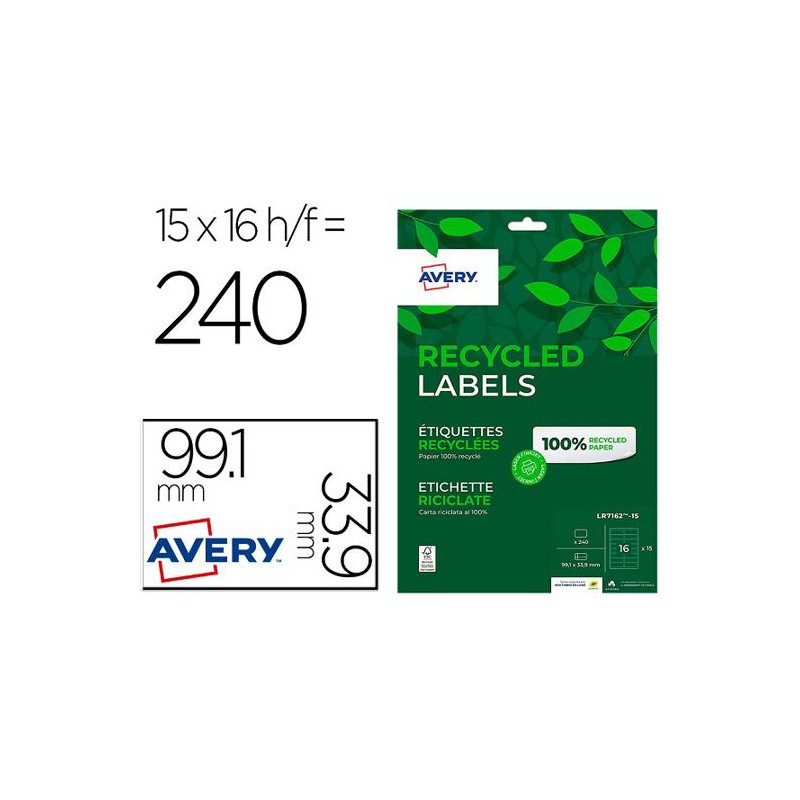 ETIQUETA ADHESIVA AVERY BLANCA PERMANENTE RECICLADA 100% PARA IMPRESORA LASER 99,1X33,9 MM CAJA DE 2