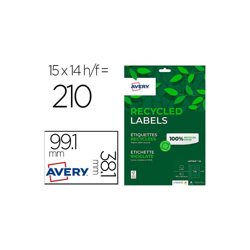 ETIQUETA ADHESIVA AVERY BLANCA PERMANENTE RECICLADA 100% PARA IMPRESORA LASER 99,1X38,1 MM CAJA DE 2