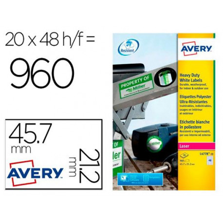 ETIQUETA ADHESIVA RESISTENTE AVERY POLIESTER BLANCO LASER 45,7X21,2 MM CAJA DE 960 UNIDADES