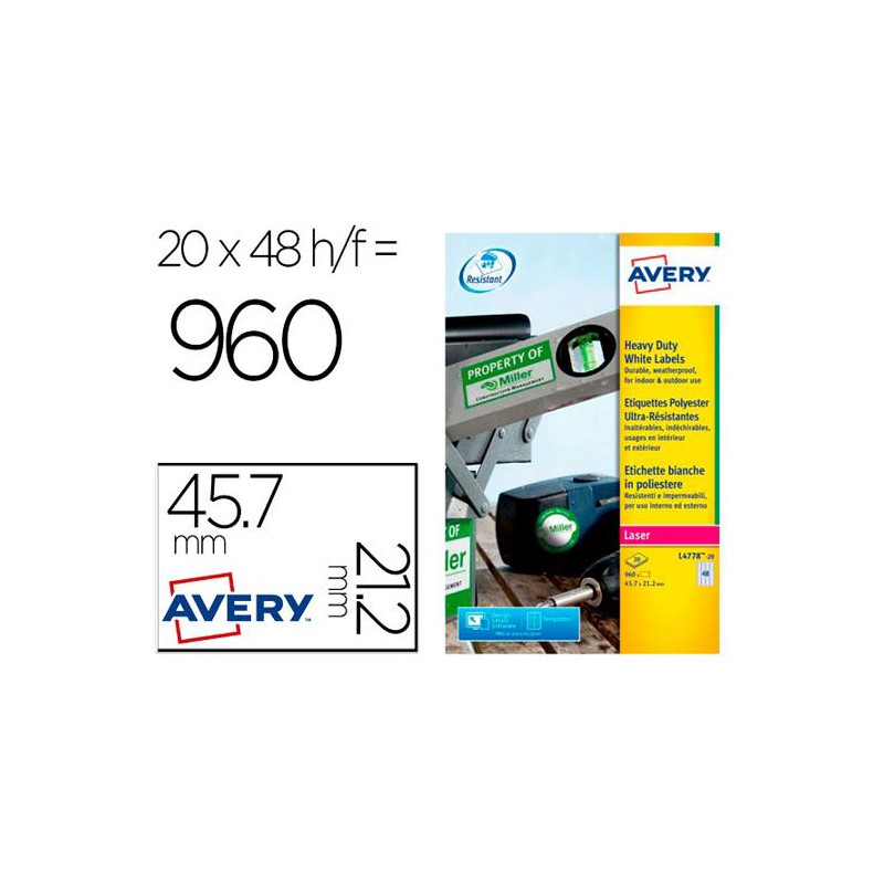 ETIQUETA ADHESIVA RESISTENTE AVERY POLIESTER BLANCO LASER 45,7X21,2 MM CAJA DE 960 UNIDADES