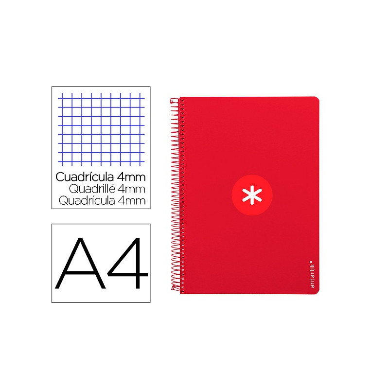 CUADERNO ESPIRAL A4 ANTARTIK TAPA DURA 80H 90GR CUADRO 4MM CON MARGEN COLOR FRAMBUESA