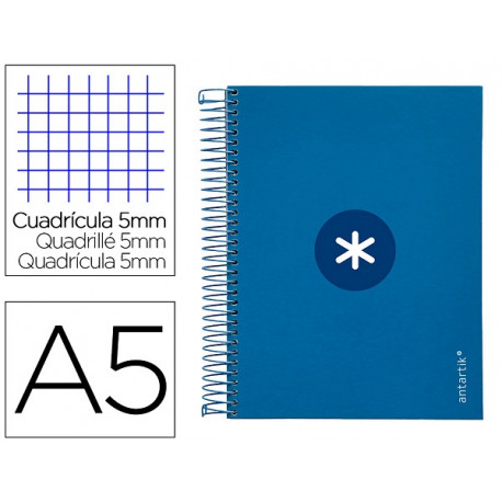 CUADERNO ESPIRAL A5 MICRO ANTARTIK TAPA FORRADA120H 90 GR CUADRO 5MM 5 BANDAS6 TALADROS COLOR AZUL O