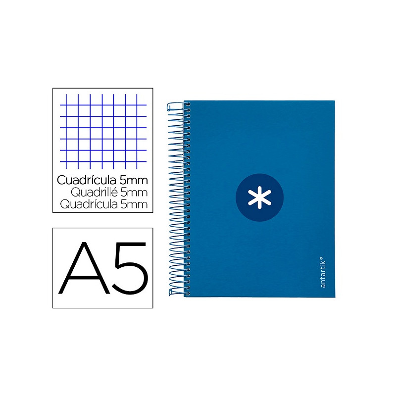 CUADERNO ESPIRAL A5 MICRO ANTARTIK TAPA FORRADA120H 90 GR CUADRO 5MM 5 BANDAS6 TALADROS COLOR AZUL O