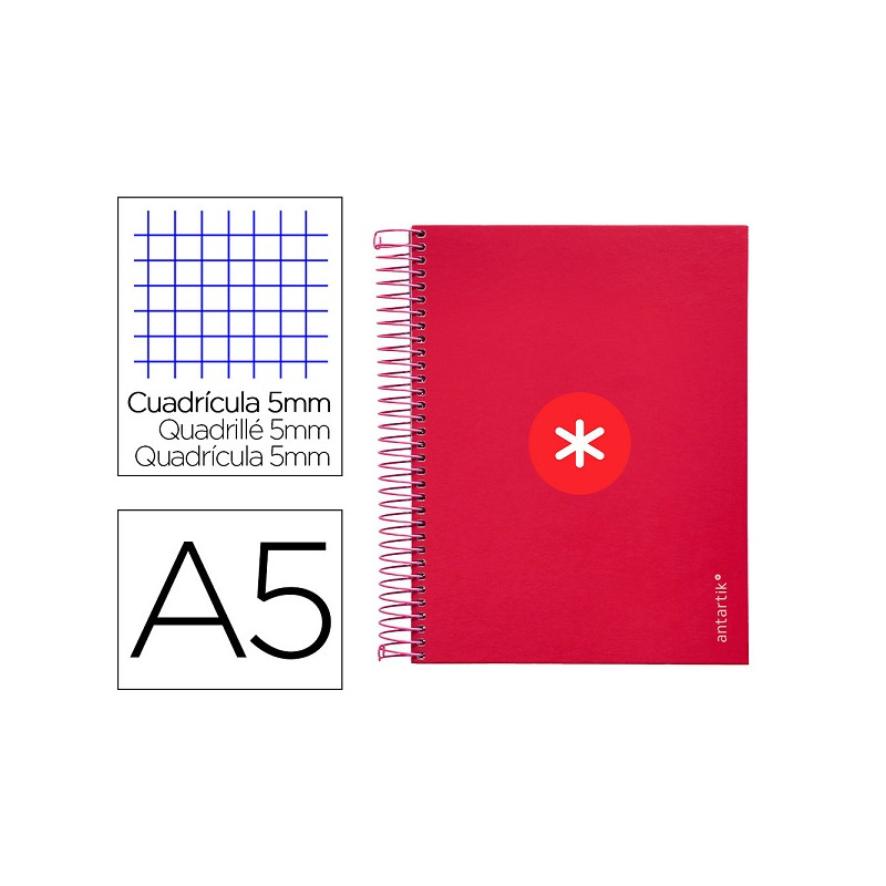 CUADERNO ESPIRAL A5 MICRO ANTARTIK TAPA FORRADA120H 90 GR CUADRO 5MM 5 BANDAS6 TALADROS COLOR FRAMBU