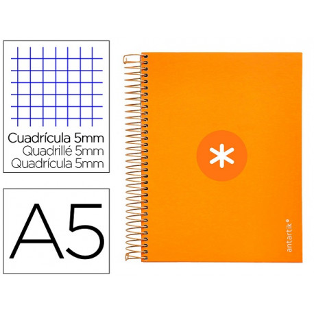 CUADERNO ESPIRAL A5 MICRO ANTARTIK TAPA FORRADA120H 90 GR CUADRO 5MM 5 BANDAS6 TALADROS COLOR MOSTAZ