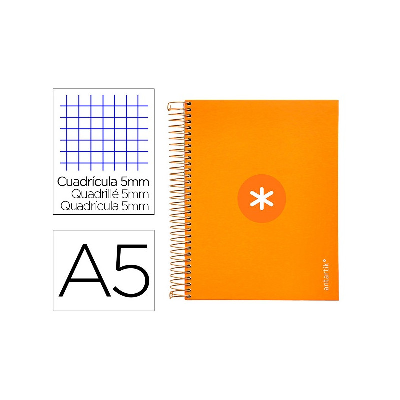 CUADERNO ESPIRAL A5 MICRO ANTARTIK TAPA FORRADA120H 90 GR CUADRO 5MM 5 BANDAS6 TALADROS COLOR MOSTAZ