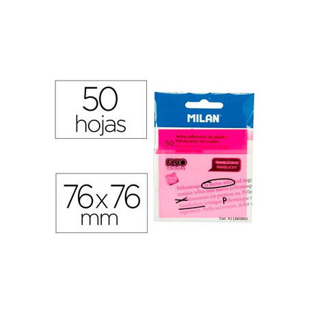 BLOC DE NOTAS ADHESIVAS QUITA Y PON MILAN 76X76 MM REMOVIBLE PLASTICO TRANSLUCIDO ROSA FLUOR 50