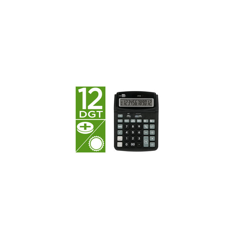 CALCULADORA LIDERPAPEL SOBREMESA XF39 12 DIGITOS SOLAR Y PILAS COLOR NEGRO 190X140X32 MM 40% RECICLA