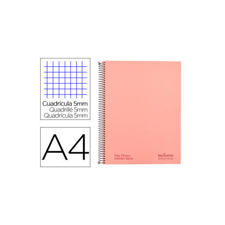 CUADERNO ESPIRAL NAVIGATOR A4 MICRO TAPA FORRADA 80H 80GR CUADRO 5MM 1 BANDA COLOR CORAL