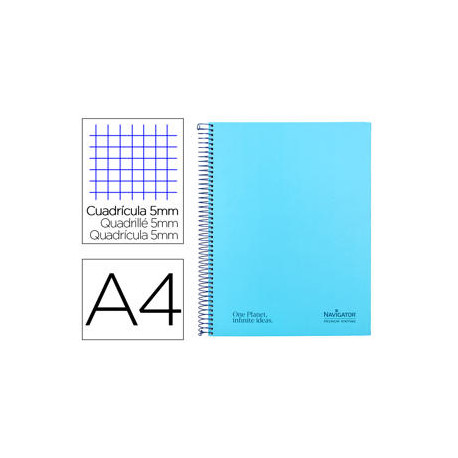 CUADERNO ESPIRAL NAVIGATOR A4 MICRO TAPA FORRADA 80H 80GR CUADRO 5 MM 1 BANDA COLOR CELESTE