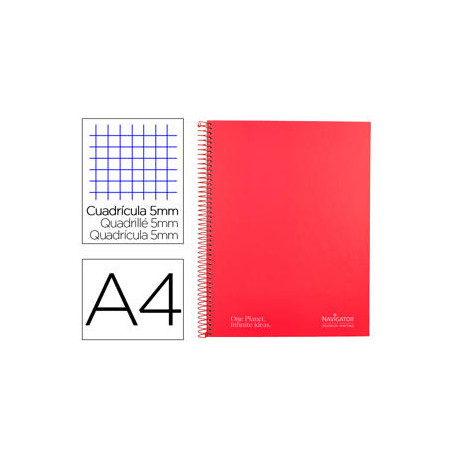 CUADERNO ESPIRAL NAVIGATOR A4 MICRO TAPA FORRADA 120H 80GR CUADRO 5MM 5 BANDAS 4 TALADROS COLOR ROJO