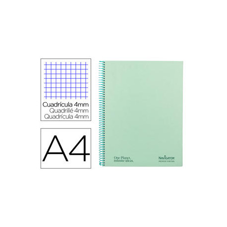 CUADERNO ESPIRAL NAVIGATOR A4 TAPA DURA 80H 80GR CUADRO 4MM CON MARGEN MENTA