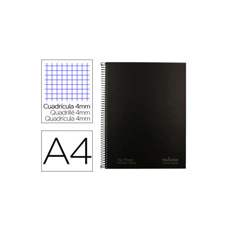 CUADERNO ESPIRAL NAVIGATOR A4 TAPA DURA 80H 80GR CUADRO 4MM CON MARGEN NEGRO