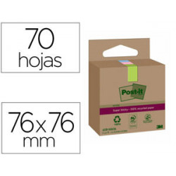 BLOC DE NOTAS ADHESIVAS QUITA Y PON POST-IT SUPER STICKY 76X76 MM 70 HOJAS RECICLADAS PAQUETE DE 3 U