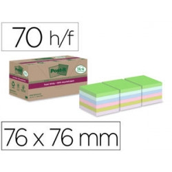 BLOC DE NOTAS ADHESIVAS QUITA Y PON POST-IT SUPER STICKY 76X76 MM 70 HOJAS RECICLADAS PAQUETE DE 14 