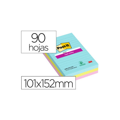 BLOC DE NOTAS ADHESIVAS QUITA Y PON POST-IT SUPER STICKY COSMIC RAYADO 90 HOJAS 101X152 MM PAQUETE D