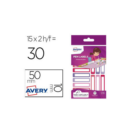 ETIQUETA AVERY PARA BOLIGRAFOS Y LAPICES ROSA Y VIOLETA 50X10 MM BLISTER DE 30 UNIDADES