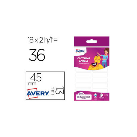 ETIQUETA AVERY PARA TEXTIL SIN PLANCHE 45X13 MM BLISTER DE 36 UNIDADES