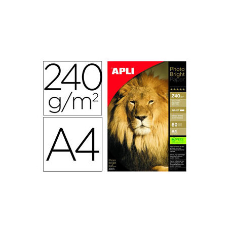 PAPEL FOTOGRAFICO APLI GLOSSY DIN A4 INK-JET 240 GR PACK DE 60 HOJAS