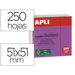 BLOC DE NOTAS ADHESIVAS QUITA Y PON APLI 51X51 MM MINICUBO COLORES FLUORESCENTE BRILLANTE CON 250 HO