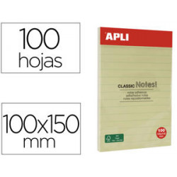 BLOC DE NOTAS ADHESIVAS QUITA Y PON APLI 150X100 MM RAYADO AMARILLO CON 100 HOJAS