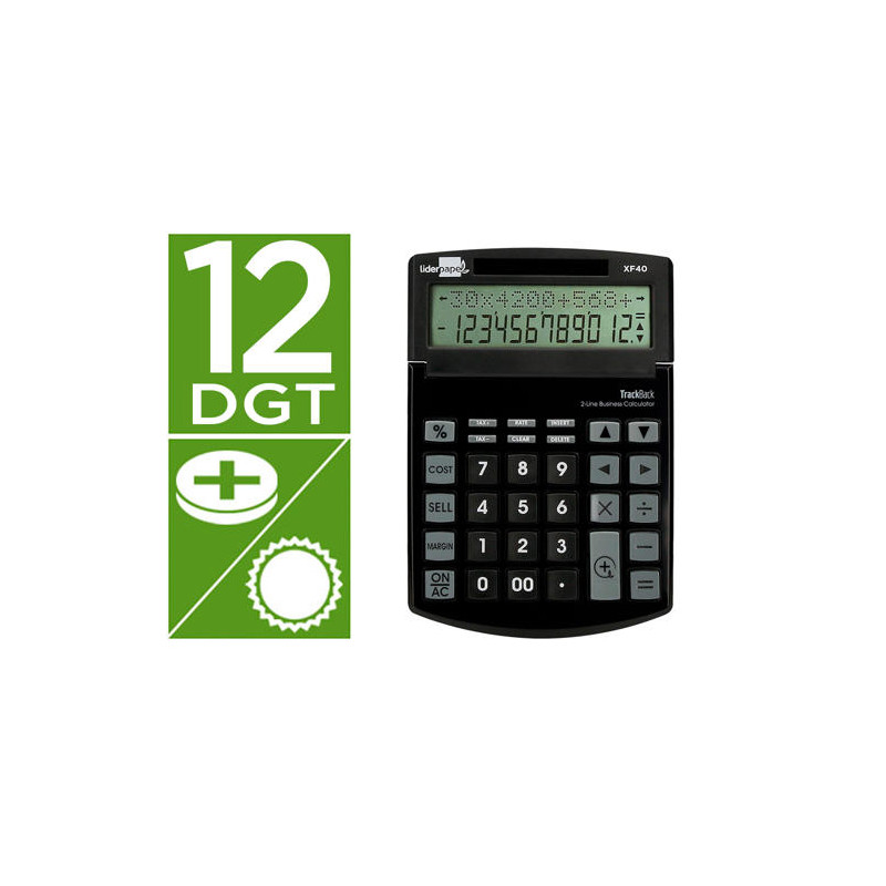 CALCULADORA LIDERPAPEL SOBREMESA XF40 12 DIGITOS DOS LINEAS SOLAR Y PILAS NEGRO 175X120X30 MM 40% RE