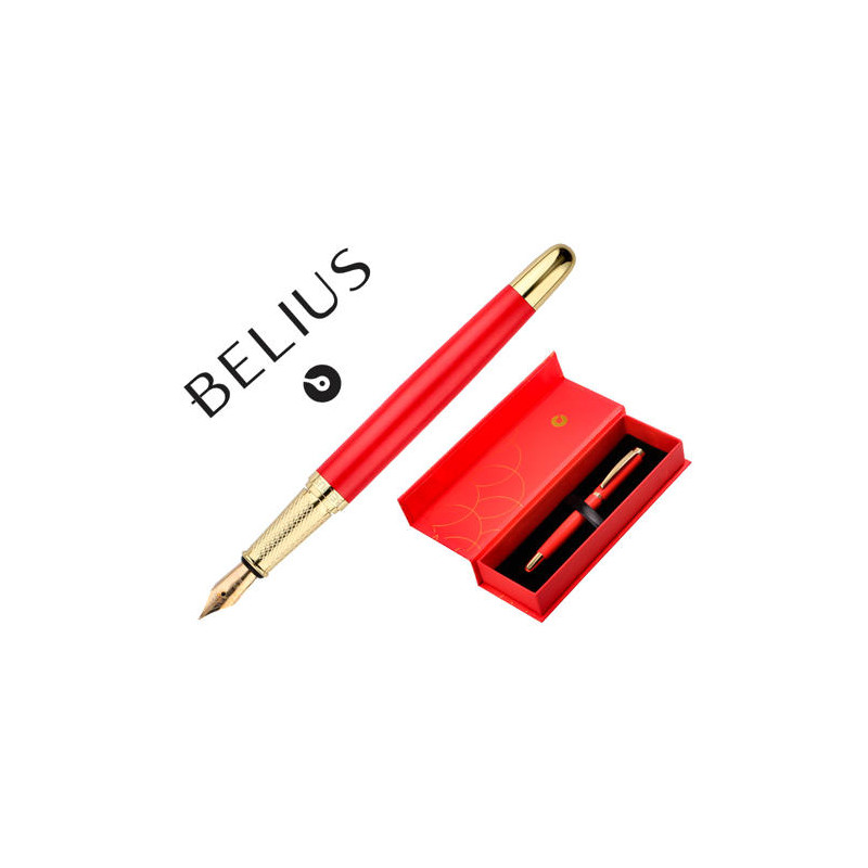 PLUMA BELIUS PASSION DOR ALUMINIO TEXTURA CEPILLADA COLOR ROJO Y DORADO TINTA AZUL CAJA DE DISE?O