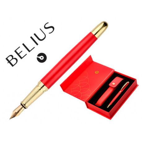 PLUMA Y ESTUCHE CUERO BELIUS PASSION DOR ALUMINIO TEXTURA CEPILLADA COLOR ROJO Y DORADO TINTA AZUL C