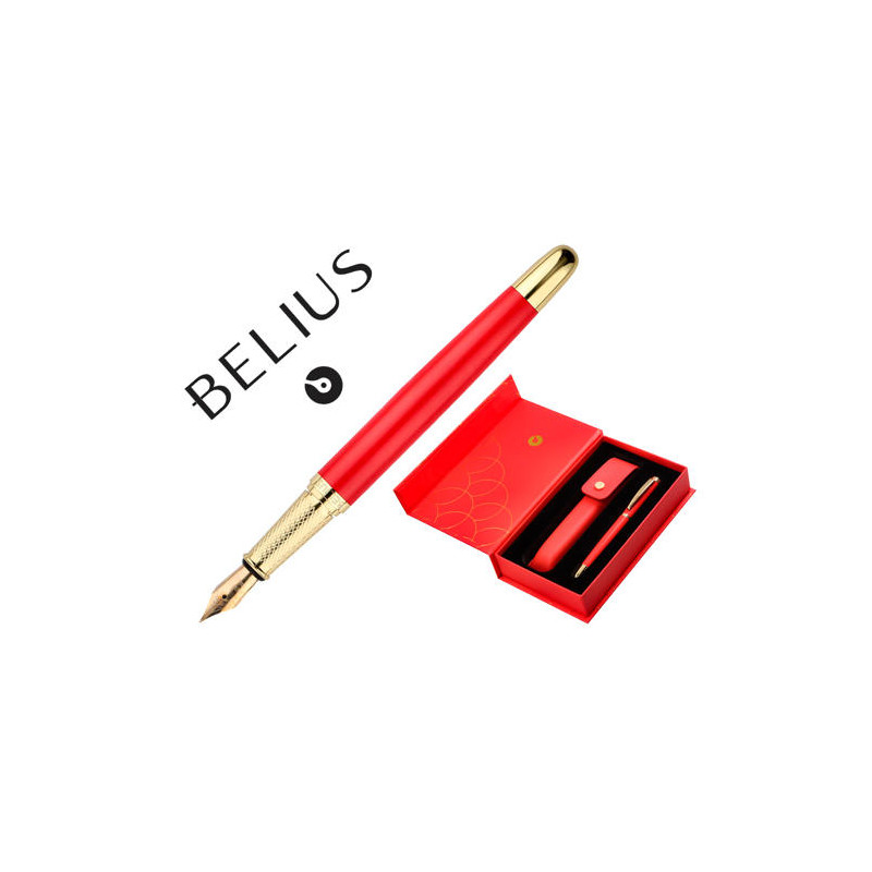 PLUMA Y ESTUCHE CUERO BELIUS PASSION DOR ALUMINIO TEXTURA CEPILLADA COLOR ROJO Y DORADO TINTA AZUL C