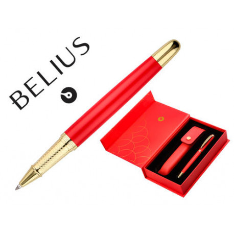 BOLIGRAFO Y ESTUCHE BELIUS PASSION DOR ALUMINIO TEXTURA CEPILLADA COLOR ROJO Y DORADO TINTA AZUL CAJ