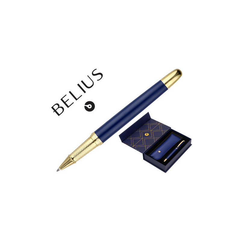 BOLIGRAFO Y ESTUCHE BELIUS SOIREE COLOR AZUL MARINO Y DORADO TINTA AZUL CAJA DE DISE?O