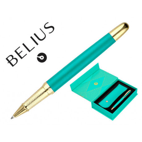 BOLIGRAFO Y ESTUCHE BELIUS SOIREE COLOR ART DECO TURQUESA Y DORADO TINTA AZUL CAJA DE DISE?O