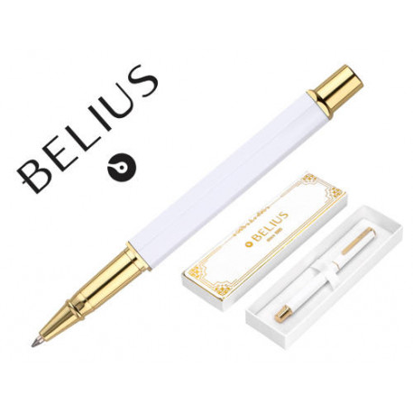 BOLIGRAFO BELIUS MACARON BLISS FORMA HEXAGONAL COLOR BLANCO Y DORADO TINTA AZUL CAJA DE DISE?O