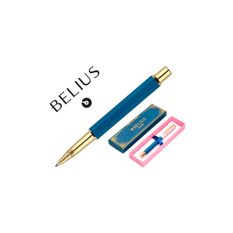 BOLIGRAFO BELIUS MACARON BLISS FORMA HEXAGONAL COLOR ROSA/ AZUL Y DORADO TINTA AZUL CAJA DE DISE?O