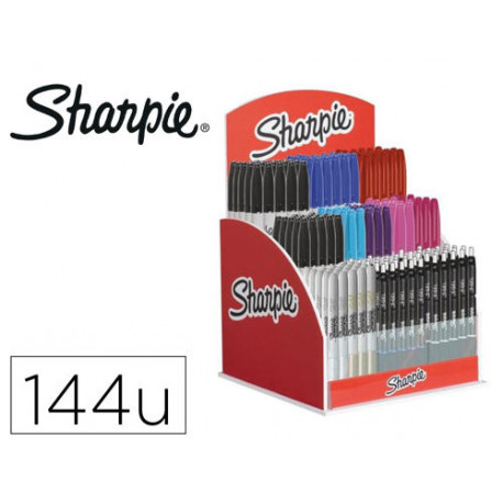 EXPOSITOR SHARPIE DE SOBREMESA ACRILICO CON 120 ROTULADORES PERMANENTES Y 24 BOLIGRAFOS GEL COLORES