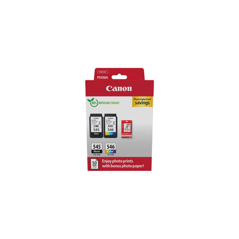 INK-JET CANON PHOTO VALUE PACK PG-545 + CL546 + 50 HOJAS PAPEL FOTO GLOSSY 10X15 CM