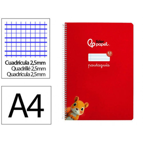 CUADERNO ESPIRAL LIDERPAPEL DIN A4 PAUTAGUIA TAPA DURA 80H 90 GR CUADRO PAUTADO 2,5MM COLOR ROJO