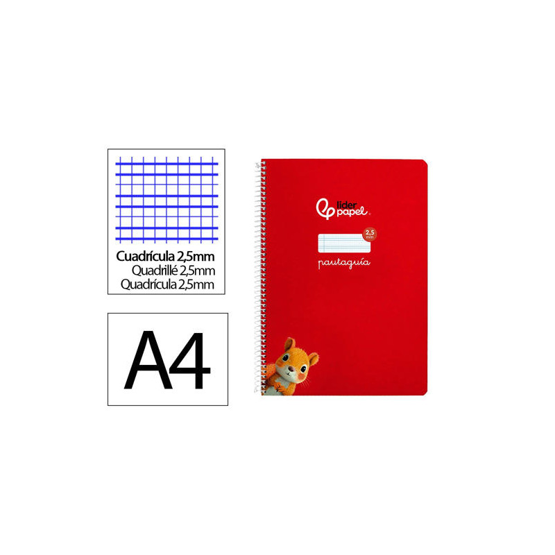 CUADERNO ESPIRAL LIDERPAPEL DIN A4 PAUTAGUIA TAPA DURA 80H 90 GR CUADRO PAUTADO 2,5MM COLOR ROJO