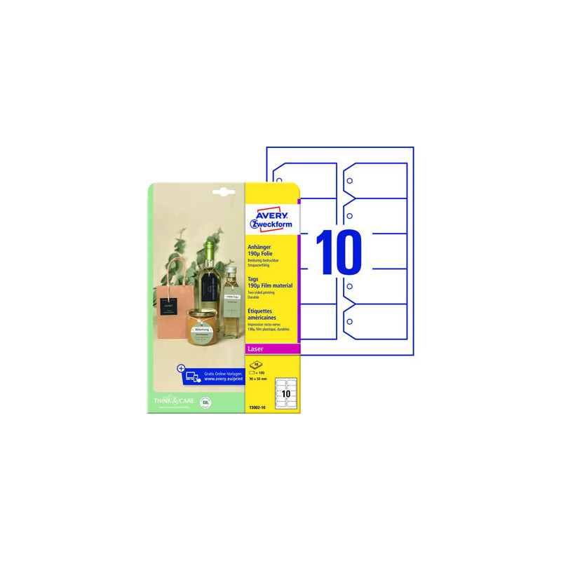 ETIQUETA COLGANTE AVERY BLANCA 90X50 MM IMPRIMIBLE DOBLE CARA PLASTICO 190 MC PACK DE 100 UNIDADES