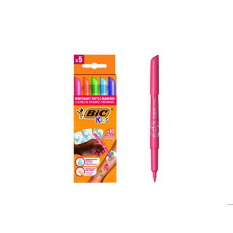 ROTULADOR BIC KIDS TATTOO CAJA DE 5 UNIDADES COLORES SURTIDOS + 10 PLANTILLAS