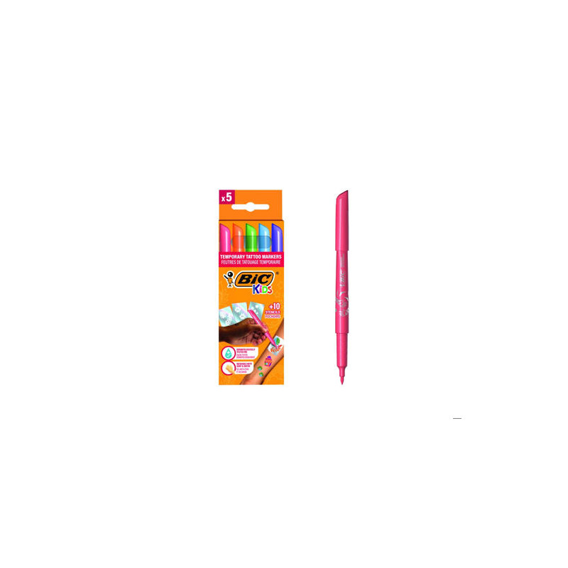 ROTULADOR BIC KIDS TATTOO CAJA DE 5 UNIDADES COLORES SURTIDOS + 10 PLANTILLAS