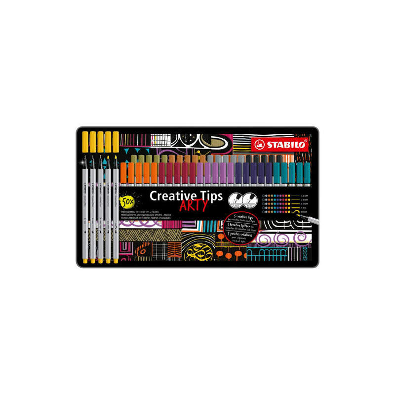 ROTULADOR STABILO CREATIVE TIPS ARTY LINE PASTEL 5 PUNTAS DIFERENTES POR COLOR ESTUCHE METALICO DE 3