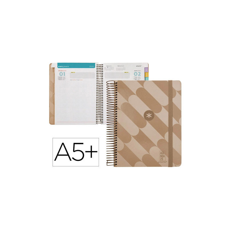 AGENDA ESPIRAL ANTARTIK PATTERN A5+ 2025 DIA PAGINA COLOR ROSA NUDE PAPEL 80 GR