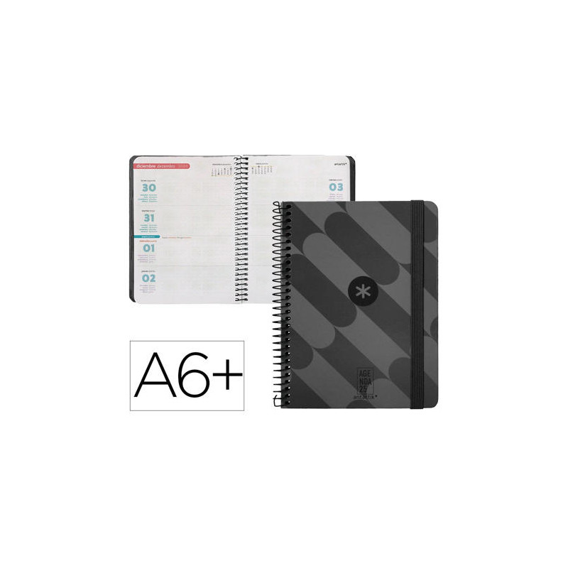 AGENDA ESPIRAL ANTARTIK PATTERN A6+ 2025 SEMANA VISTACOLOR NEGRO PAPEL 80 GR