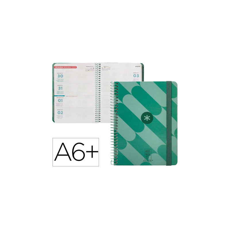 AGENDA ESPIRAL ANTARTIK PATTERN A6+ 2025 SEMANA VISTA COLOR VERDE PAPEL 80 GR