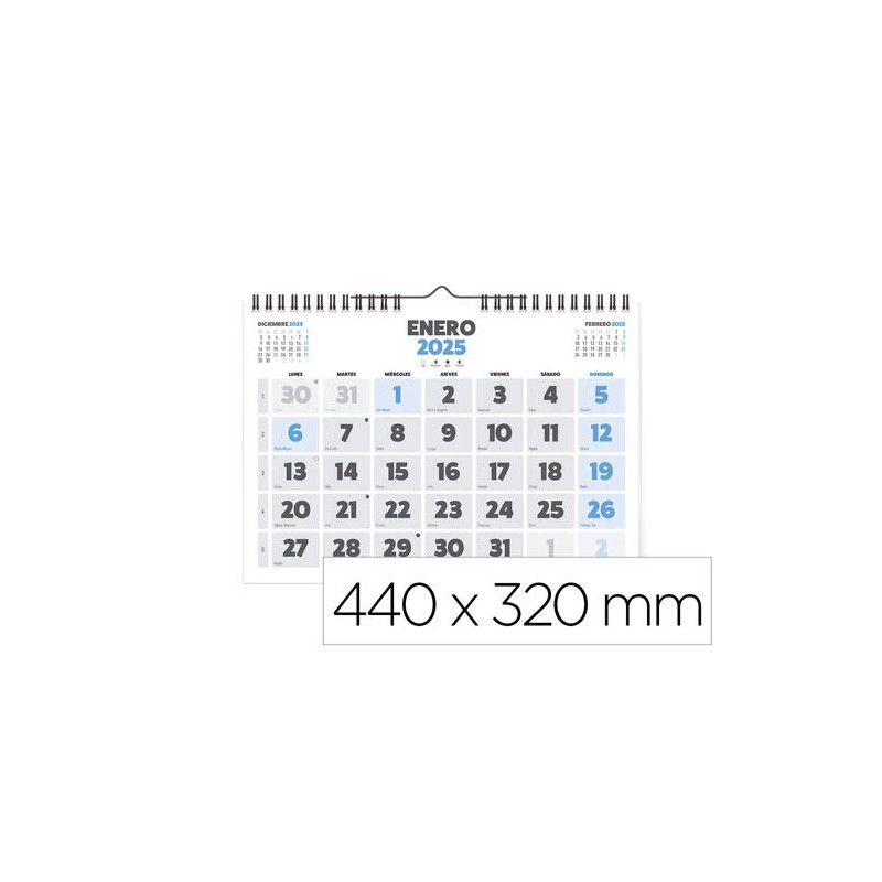 CALENDARIO ESPIRAL PARED LIDERPAPEL CLASICO 2025 NUMEROS GRANDES 44X32 CM PAPEL 128 GR