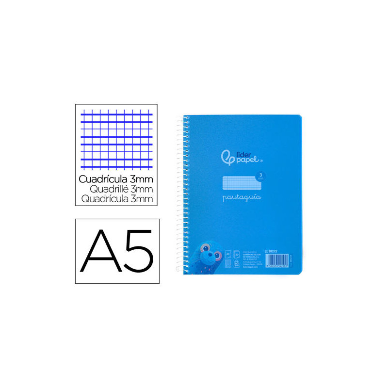 CUADERNO ESPIRAL LIDERPAPEL DIN A5 PAUTAGUIA TAPA PLASTICO 80H 90GR CUADRO PAUTADO 3 MM CON MARGEN C